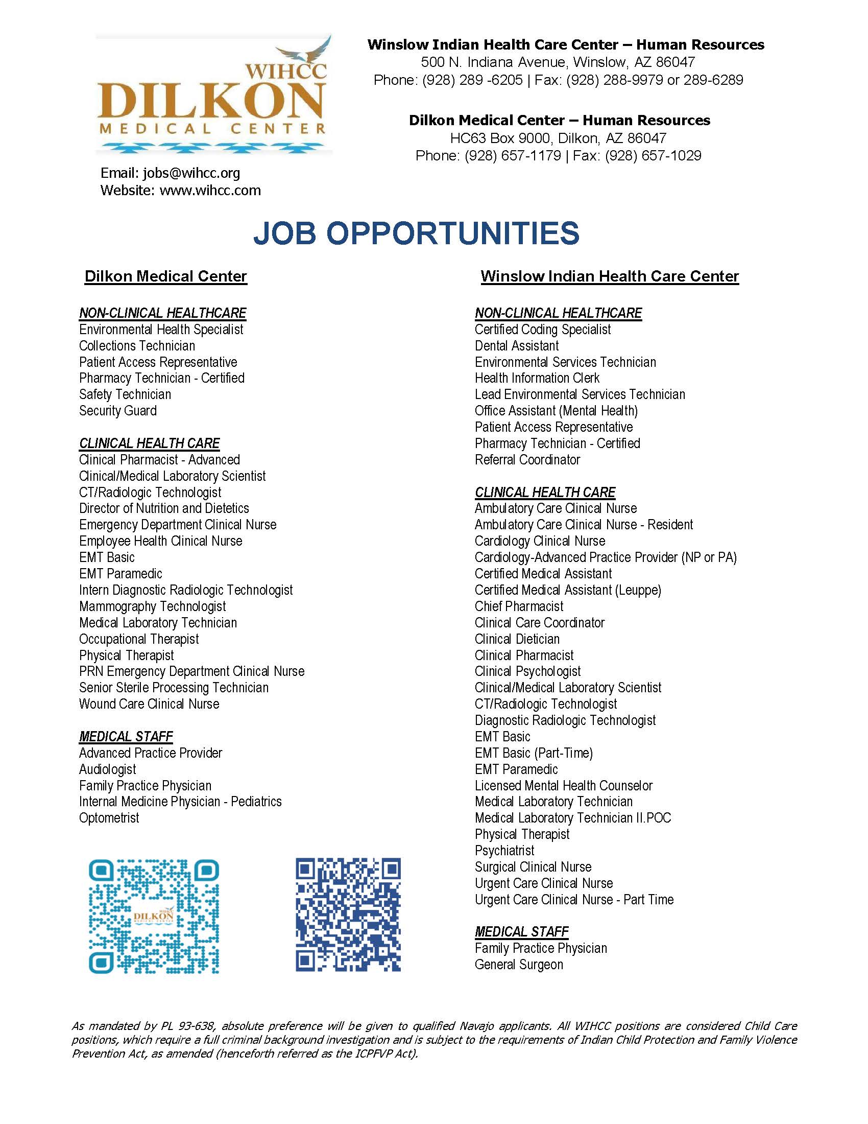 WIHCC Dilkon Job Opportunities List